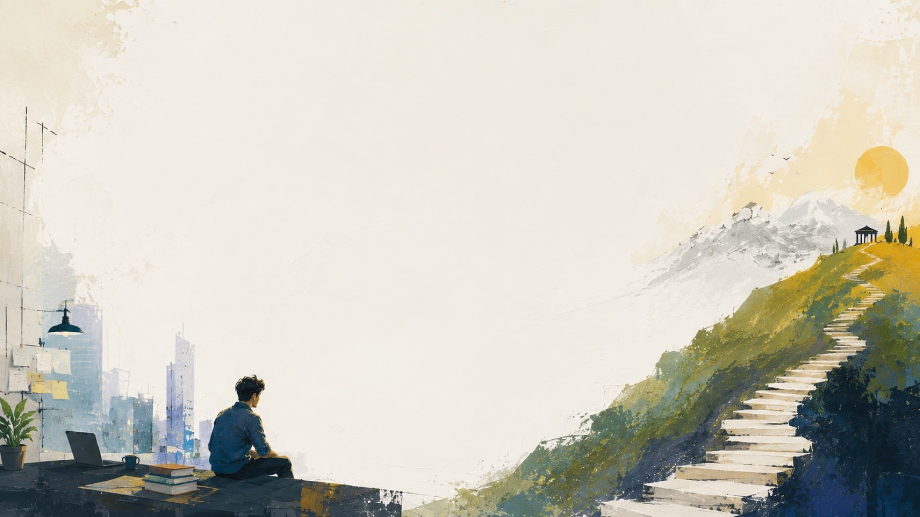 A person at their desk looking toward a path that climbs the mountain to the summit